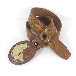 Vintage Tooled Leather Belt with a Large Leather Fish Buckle, Fisherman Mens